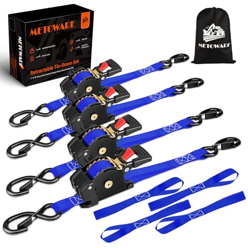 Image of METOWARE Retractable Ratchet Straps (4-Pack) - 1 in x 10 Ft (1500lb Break Strength) - Heavy Duty Auto Self Retracting Tie Down Straps for Truck, Trailer, Cargo Van, Motorcycle - Blue
