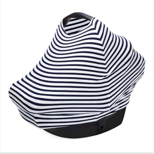 Image of Parker Baby 4 in 1 Car Seat Cover for Boys - Stretchy Carseat Canopy, Nursing Cover, Grocery Cart Cover, High Chair Cover - Navy /White Stripes