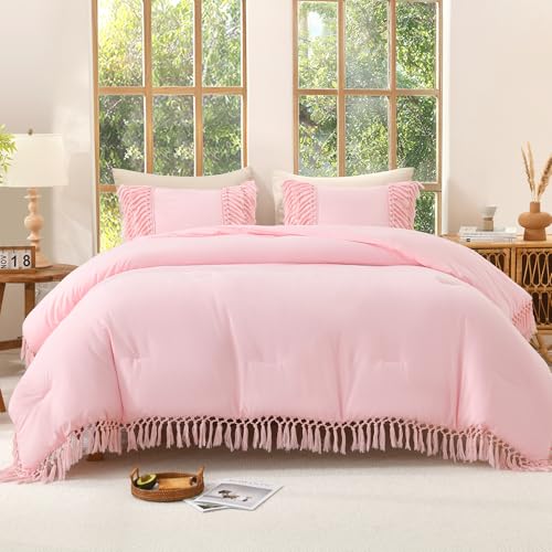 Image of Andency Comforter King Size Set Light Pink, 3 Pieces Boho Tassel Lightweight Fluffy Bedding Comforters & Sets, Soft All Season Bed Set (104x90In Comforter & 2 Pillowcases)