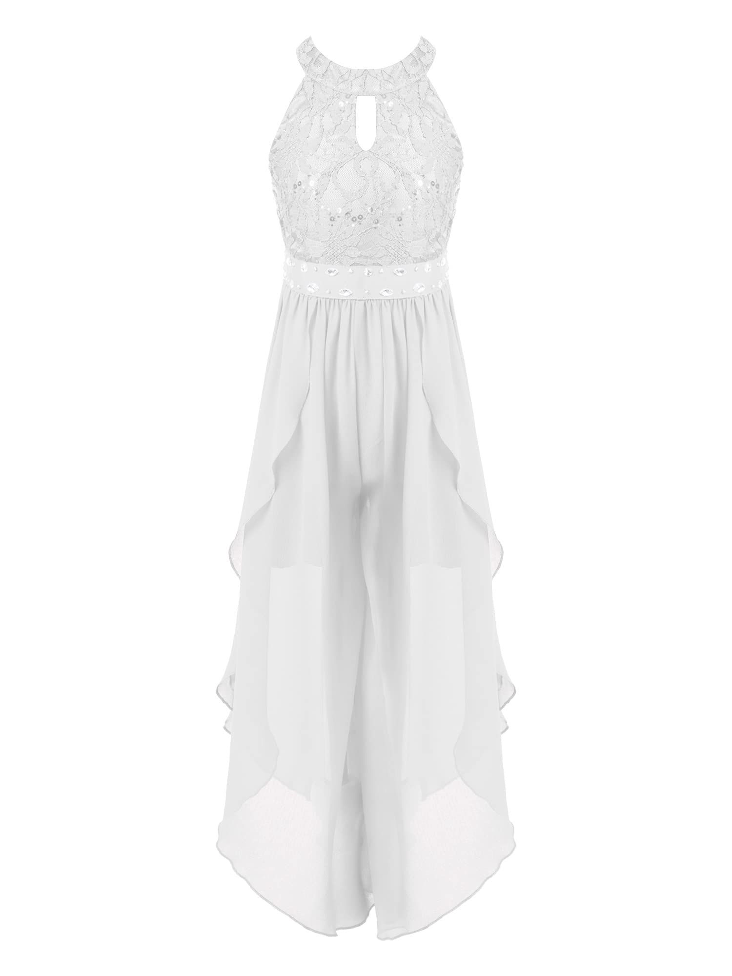 Manyakai Vestido Gasa de Fiesta para Niña Mono de Ceremonia Princesa Vestido de Encaje con Cuello Hálter y Cintura Brillante Mono de Noche Graduación 5-16 Años