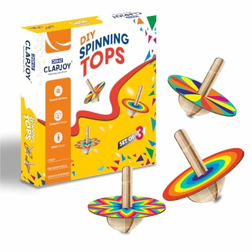 Image of Clapjoy DIY Wooden Doll House & Spinning Top Combo - Miniature Furniture Kit with Free Paint Set | Easy to Assemble | Creative Gift Toy for Kids, Boys & Girls | Build, Paint & Play Craft Set
