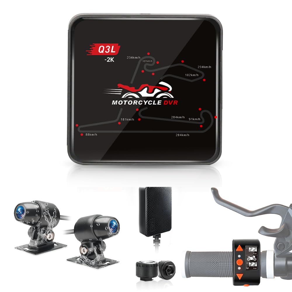VSYSTO Motorrad Dashcam, Zwei 2K Starlight Nachtsichtkameras mit 5G WLAN, Parküberwachung, GPS, TPMS, wasserdicht, Temperaturanzeige, Unterspannungsschutz (Q3PRO)