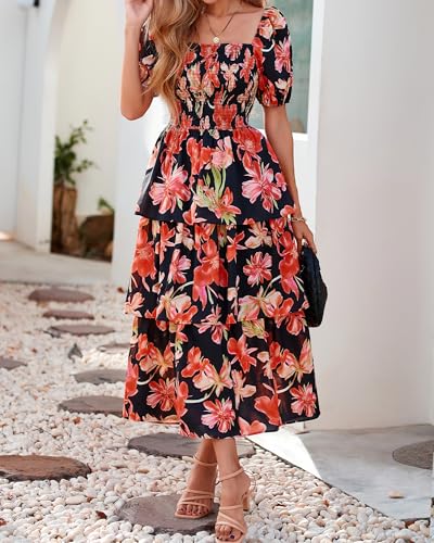 Image of BTFBM Womens Floral Smocked Summer Maxi Dresses | Square Neck Puff Short Sleeve Ruffle Tiered, 2026 Trendy Casual Sundress, Cruise Holiday Beach Vacation Wedding Guest Dress
