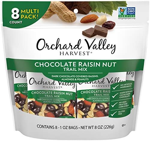 ORCHARD VALLEY HARVEST Chocolate Raisin Nut Trail Mix, 1 oz (Pack of 8), Non-GMO, No Artificial Ingredients