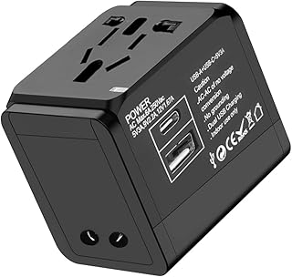 شاحن سفر دولي، شاحن شامل بـ1 منفذ USB و1 نوع سي للشحن السريع وتوصيل الطاقة بقوة 20 وات، للاستخدام في أوروبا والمملكة المتحدة وأمريكا وأستراليا وأسيا وغيرها (لون أسود)