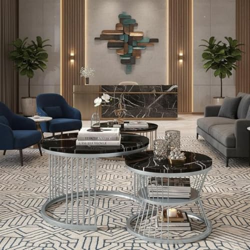 Image of Modern Nested Coffee Table Set of 2 | Round Marble Finish Tabletop with Metal Base | Luxury Center Table for Living Room, Lounge & Office (Gry Black)