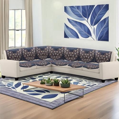 Image of Premium Chenille Woven Anti-Slip 6 Seater L-Shape Sofa Cover | L-Shape Sofa Seat Protector for Living Room | Durable & Stylish Slipcover - Grey Phoolkari