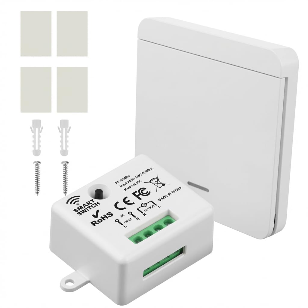 Interruptor de Luz Inalámbrico Kit, Interruptor Inalambrico con Receptor 433MHZ 220V, Wireless Light Switch Sin Cableado para Lámpara, Hasta 50 m de Alcance Batería no Incluida