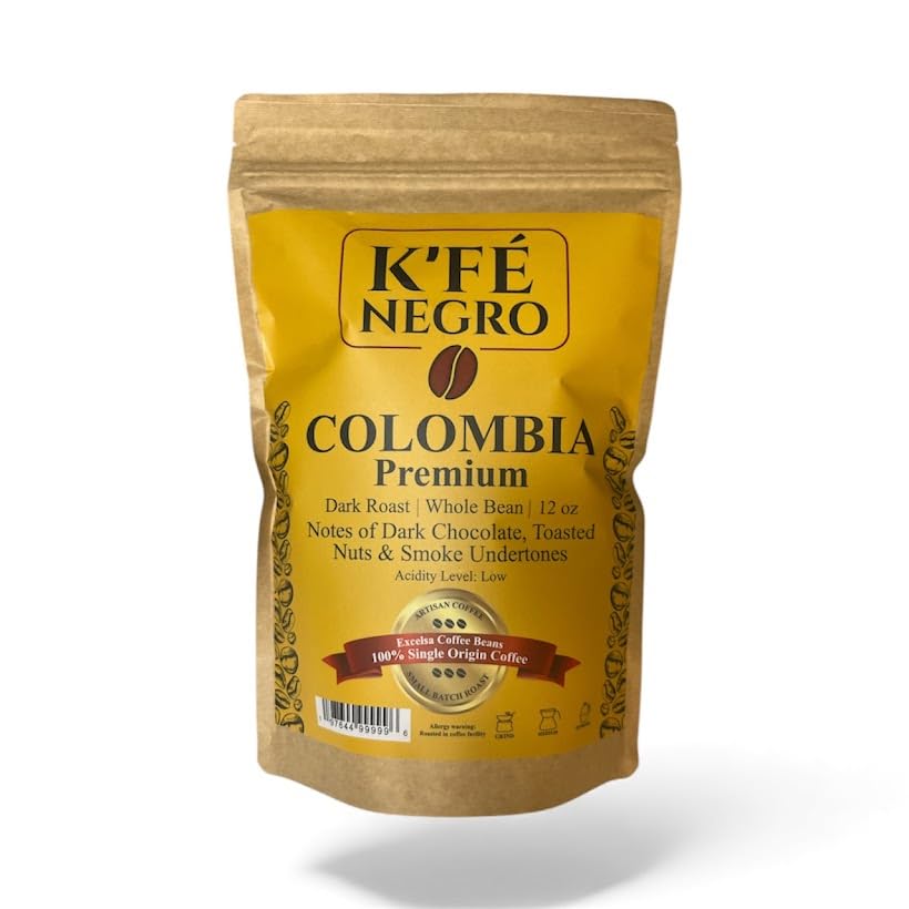 K'FE Negro Premium Colombia Excelsa - Granos de café, grano entero tostado oscuro, origen único, 12 onzas
