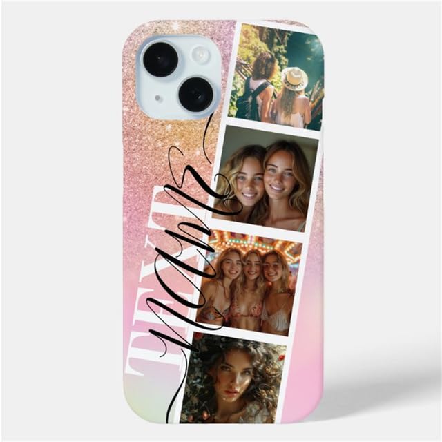 Personalized Picture Customized Photos Phone Case Custom Holographic 4 Photos Grid Collage Name Monogram Phone Case Compatible with