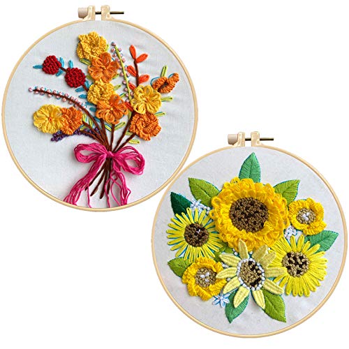 2 Sets Embroidery Cross Stitch Starter Kit Flower Pattern Embroidery Cloth Embroidery Hoop Color Threads and Tools Kit DIY Holiday Embroidery Set for Embroidery Supplies Beginners (Style 1)