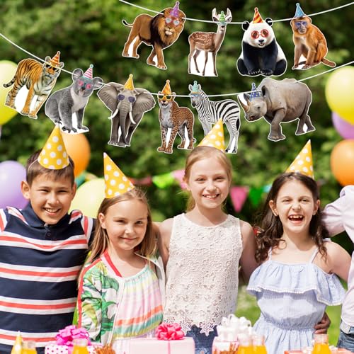 Image of Hooqict Safari Animals Happy Birthday Banner Animal Birthday Decorations Party Animal Banner Garland Sign for Jungle Theme Decorations Kids Wild Zoo Party Supplies