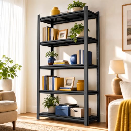 Image of Industrial 5 Tier Bookshelf Black Metal Shelving Unit, Sturdy Book Shelf Storage Rack, Heavy Duty Steel Bookcase for Living Room Bedroom Office Kitchen, Free Standing Tiered Shelf Organizer for Books