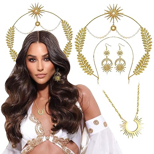 LaVenty Greek Goddess Costume for Christmas Party - Gold 4 Piece Set (Headband, Necklaces, Ear Decoration) - Unisex Hair Styling Accessory - Perfect for Halloween, Christmas, and Other Occasions