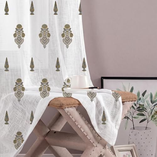 Image of LINENWALAS Decorative Cotton Linen Sheer Curtains 7 Feet for Door -Block Printed Door Curtain | Grommet Hanging Style Pack of 2 Panels |Light Filtering Sheer Drapes (Golden Meadow)