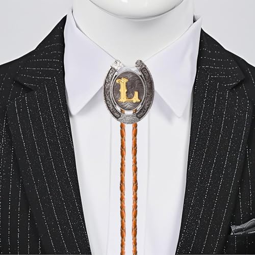 Image of Bolo tie for Men Western Cowboy Brown Leather Necktie Initial Letter ABCDJMR to Z Bolo ties for Women
