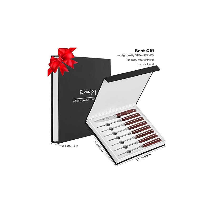 Steak-knives-Emojoy-Steak-knife-set-of-8-Highly-Resistant-and-Durable-German-Stainless-Steel-Serrated-Steak-Knives-with-Gift-Box Emojoy Steak Knives, Steak Knife Set of 8, Highly Resistant and Durable German Stainless Steel Serrated Steak Knives with Gift Box