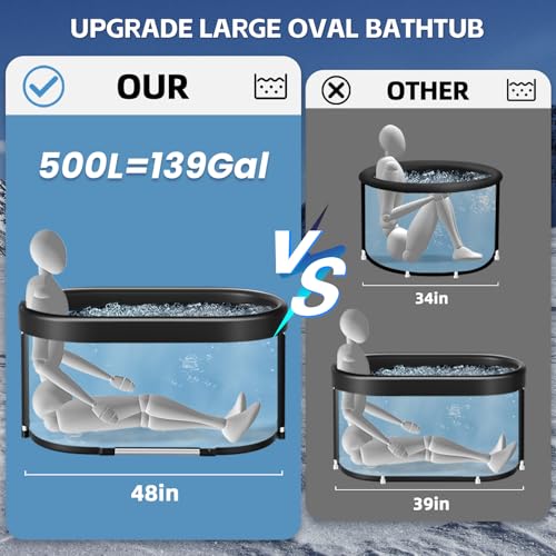 Wxtkkom New Upgrade XL 139-Gallon Oval Ice Bath Tub - 6 Layered Portable Bathtub, Drop-In Bathtubs Foldable with Cover Cold Plunge Tub for Athletes, Home Gym, Outdoor Recovery Use.