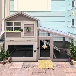GUTINNEEN Rabbit Hutch for Outdoor Indoor Use, Bunny Cage with PVC Layer and Bottom Wire Netting, Wooden Chicken Coop Rabbit House with UV Roof, Leakproof Tray, Run
