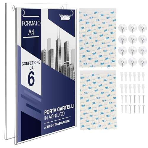 Dasher Products Portacartelli in Acrilico A4-6 Pezzi - Cornice Trasparente con più Opzioni di Montaggio Incluse, Supporto da Parete per Poster in Plastica, per Casa, Ufficio, Negozio, Ristorante