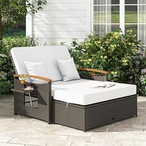 GIANTEX Rattan Lounge Möbel Set Outdoor, Rattan Sofa 2 Sitzer mit Schlaffunktion, Gartensofa mit Hocker, Garten Doppelliege mit Seitenablagen, Gartenlounge Loungebett platzsparend mit Stauraum