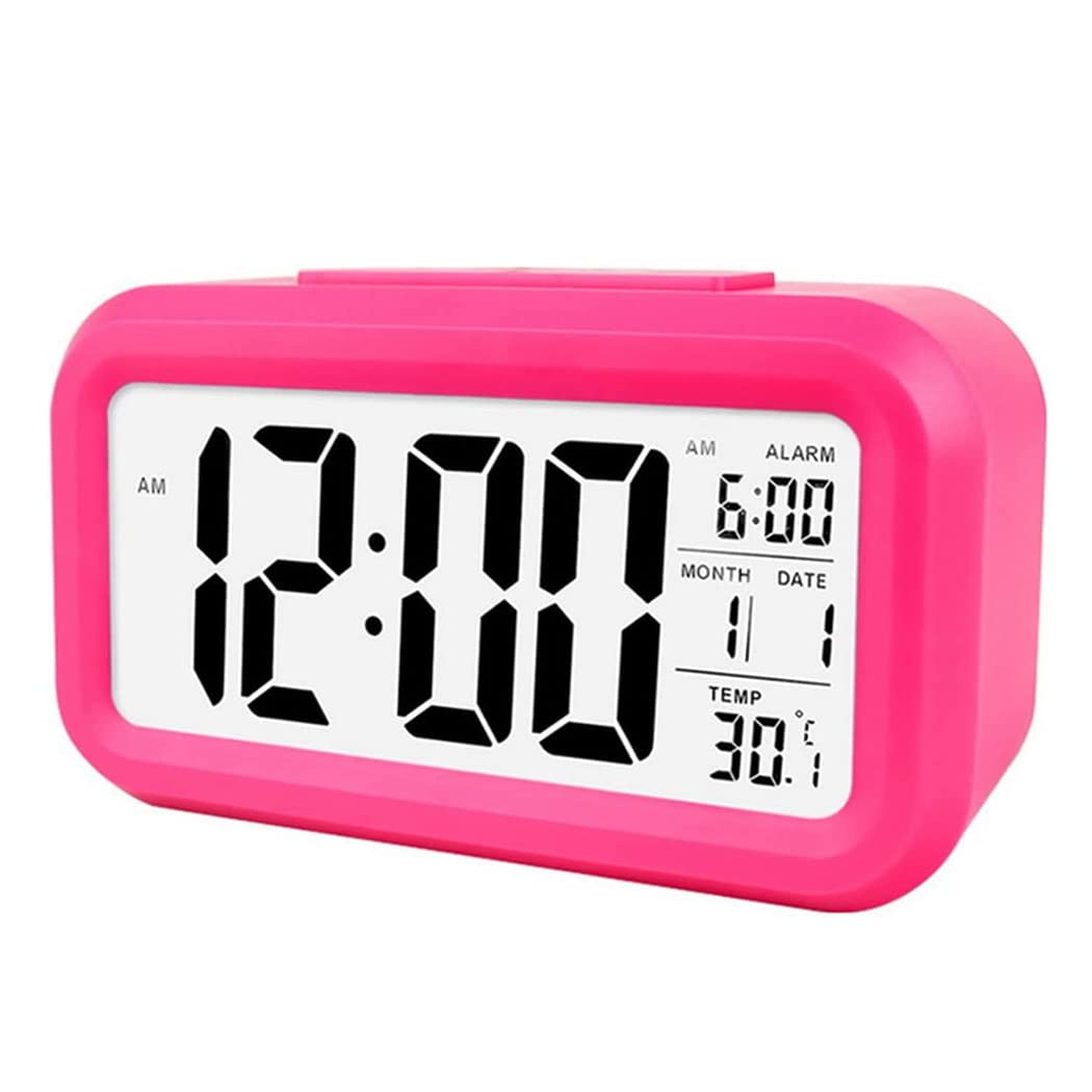 Qniceone Digital Alarm Clock, Battery Operated Alarm Clock with Date,Indoor Temperature,Smart Night Light, Easy Operation Electronic Clock for Bedrooms Home Kids-Dark Pink