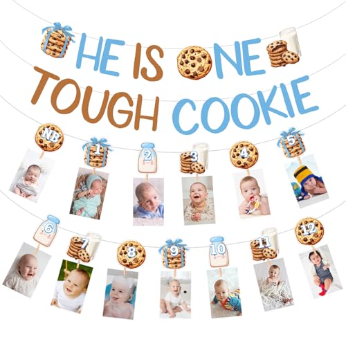 Sursurprise Milk and Cookies 1st Birthday Party Decorations, He Is One Tough Cookie Banner, Cookies Milk Monthly Photo Banner from Newborn to 12 Months, Boy First Birthday Party Supplies