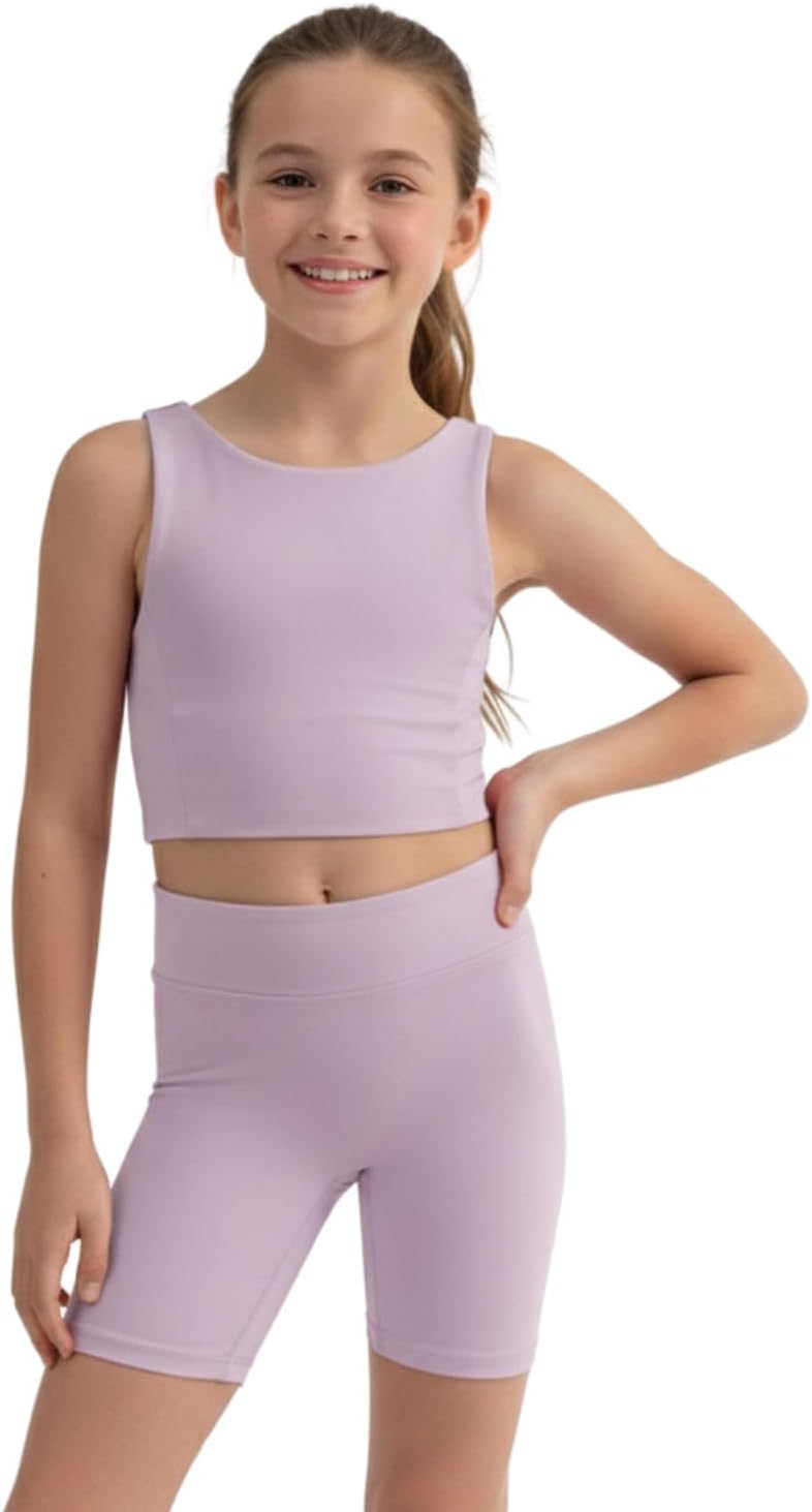 WELAKEN Girls 2 Piece Athletic Outfit Kids Yoga Crop Tank Top and Biker Shorts Set