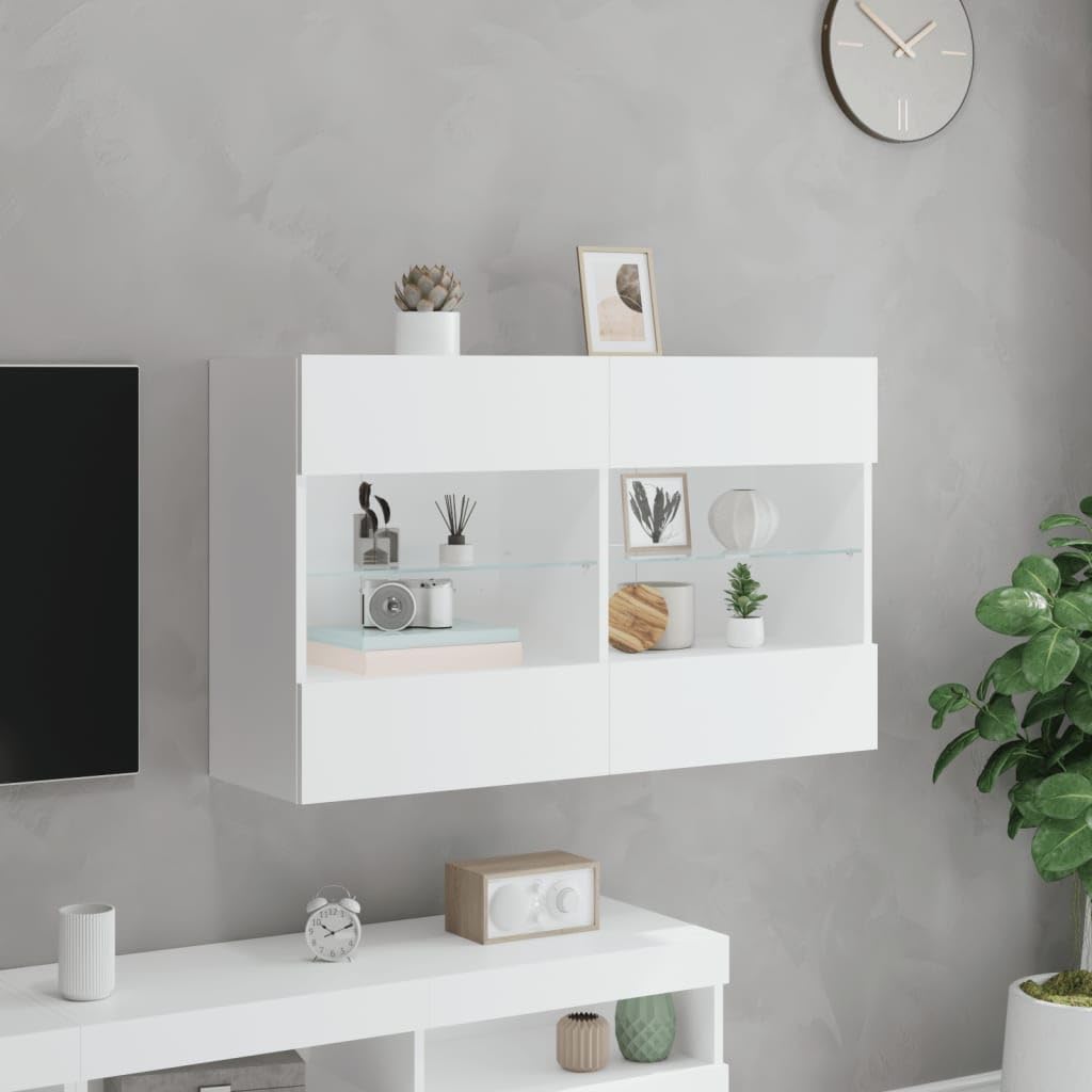 Mobile da parete per TV con luci LED, in legno, bianco