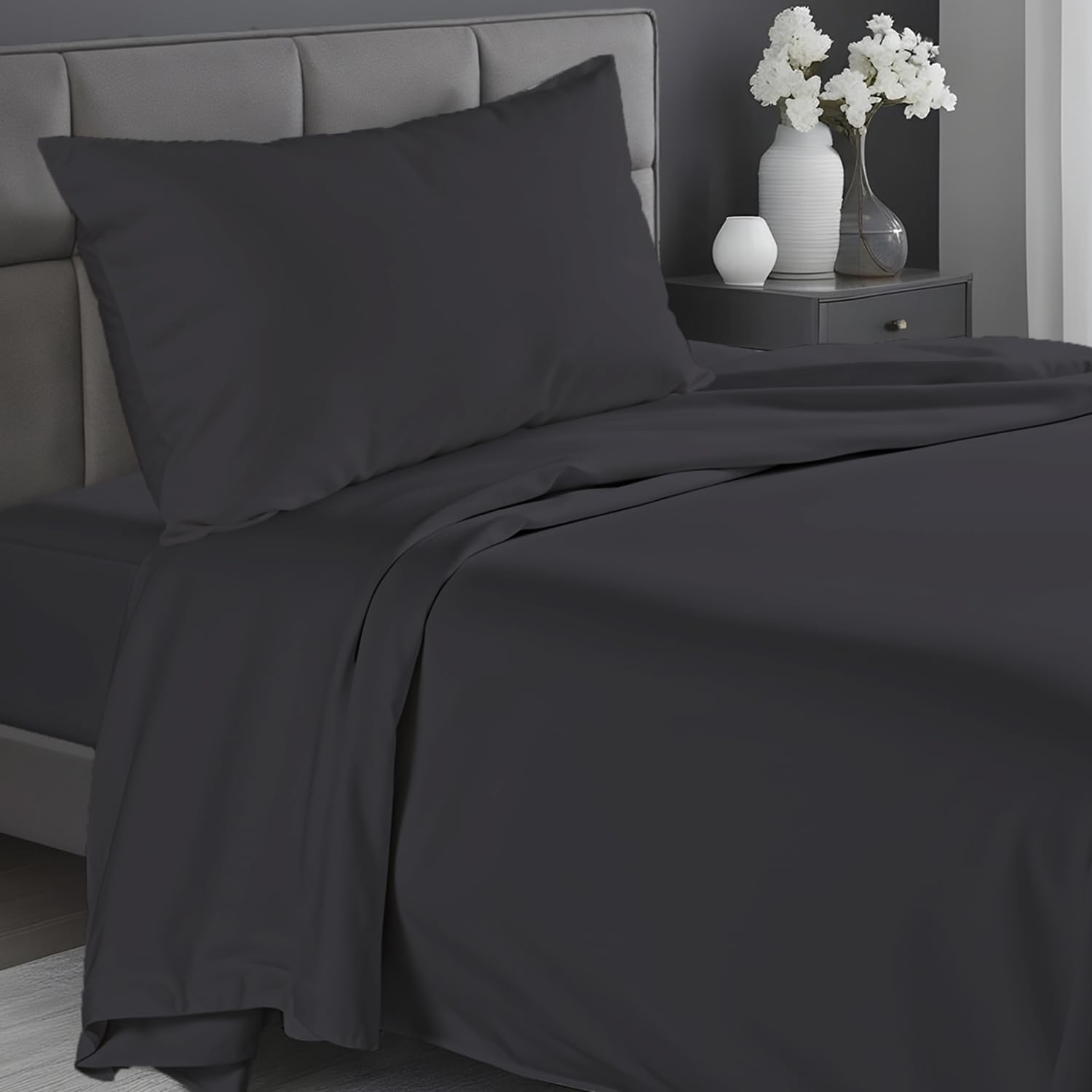 Infinitee Xclusives Dark Grey Twin Bed Sheet Set – 3 Piece Bed Sheet Set – Twin Size 170 cm x 240 cm - Soft Brushed Microfiber Bed Sheets - 40 cm Deep Pockets Sheets Wrinkle Free & Fade Resistant