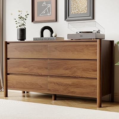 HOUROM 47" Wide 6-Drawer Dresser,Mid-Century Modern Chest with Solid Wood Legs, Concealed Handle,Large Wood Storage Organizer, Bedroom Storage,Walnut