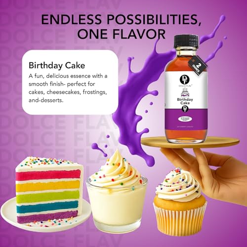 Image of Dolce Flav Birthday Cake Extract - 2 Ounce Water-Soluble Kosher, Sugar-Free, Concentrated Festive Cake Flavoring for Frostings, Cupcakes & Desserts, Includes Measured Dropper, 2 oz Pack of 2