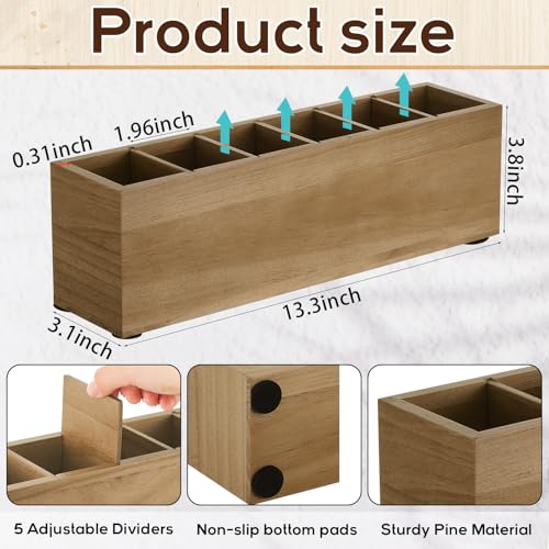 Image of Jetec Wooden Pencil Pen Holder for Desk 6 Compartments Cosmetic Makeup Brush Stationery Office Desktop Organizers for Countertop Adjustable Silverware Caddy for Home and Party, Art Supplie(Wood Color)