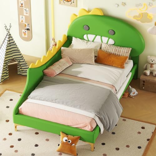 Sweiko Lit d'enfant rembourré 90 * 200cm, Cadre de lit en Forme de Dinosaure, lit Double en PU avec Pieds en métal, lit en Bois à Lattes pour Adolescents,Green
