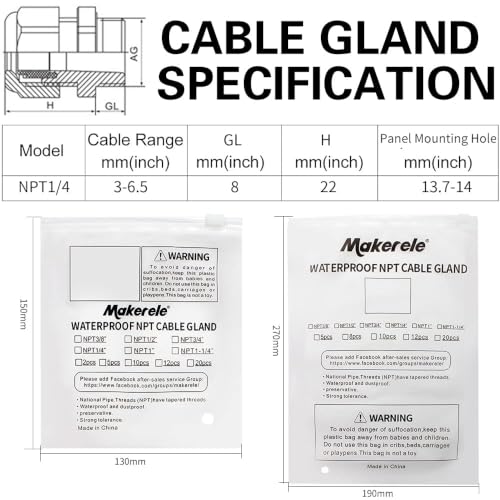 Image of MAKERELE NPT 1 /4 inch Cable Glands IP68 Waterproof Strain Relief Cord Connector | 1 /4 Inch 20PC, Grey Nylon Plastic Connectors, Adjustable 3-6.5mm Cord Grip Gland, for Electrical Junction Box