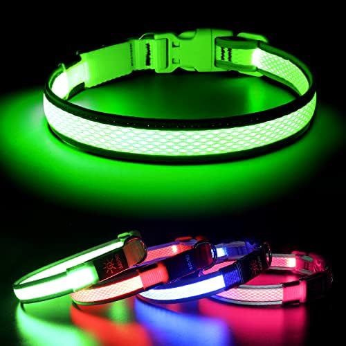 BSEEN LED Dog Collar Light- USB Rechargeable Light Up Dog Collars, Adjustable Mesh Reflective Puppy Collars for Night Dog Walking (Neon Green- Small- Collar)