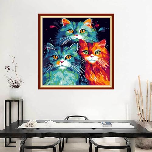 Image of Joyhoor Stamped Cross Stitch Kits for Beginners Needlepoint Kits for Adults Embroidery Kits 11CT Counted Cross Stitch Kits Printed Embroidery Pattern-Colorful Cat 18x18 inchs