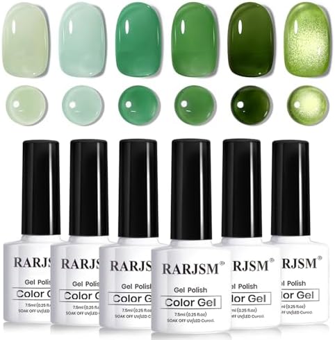 RARJSM Green Jelly Glass Gel Nail Polish Set 6pcs Clear Crytal Army Dark Jade Sage Green Transparent Sheer Amber Series Milky Diamond Cat Eye Gel Varnish LED UV Curing Requires