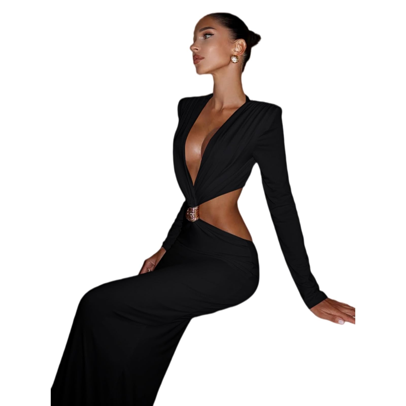 Vestito Donna Ruched Maxi Abito Profondo V Collo Manica Lunga Metallo Fibbia Elegante Festa Sera da Ballo-Black-s