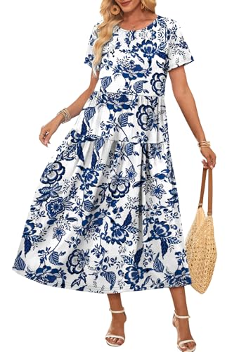 OFEEFAN Maxi Dresses for Women Summer Dress Dress Short Sleeve Baby Shower Casual Dresses for Women Floral Blue M