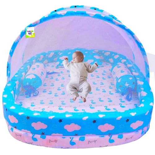 Image of Toddylon Baby Bed Bedding Set for New Born Baby | Bed Mattress | Mosquito Net | Neck Pillow | Sleeping Nest | Cotton | Travel Bed | Essentials | Toddlers | Infants | Baby Boy Girl (0-12 Months) Blue