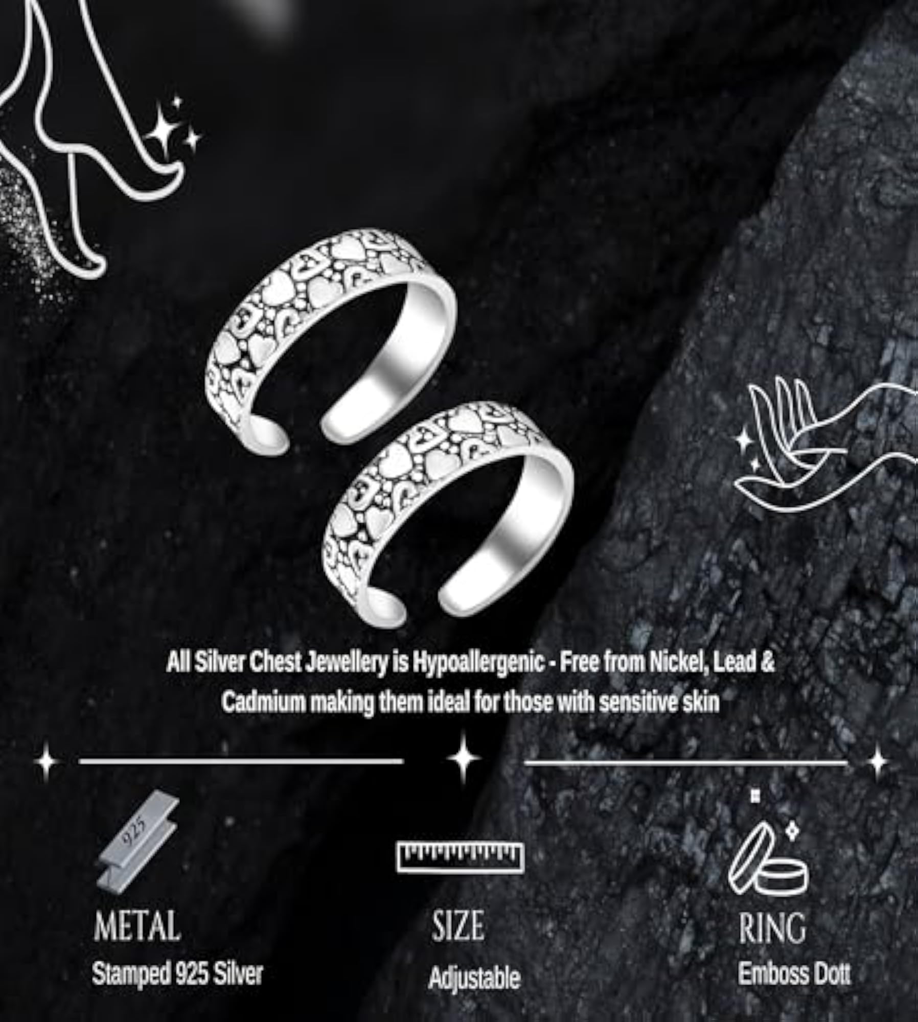Stylish Sterling Oxidised Toe Rings with 3D Self Designs
