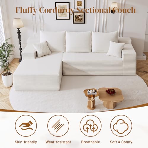 Image of 108 inch L Shaped Boneless Sectional Couches for Living Room, Comfy Corduroy Floor Cloud Sofa with Chaise, Wide Armrest, Deep Seat, Memory Foam, Assembly Free, Ideal for Small Spaces, White
