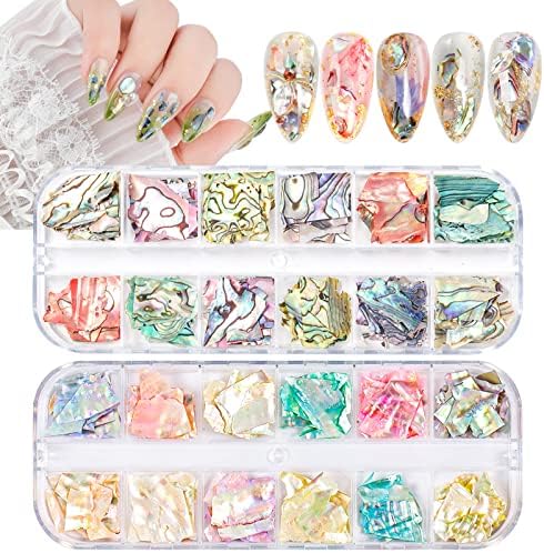 24 Grids Seashell Nail Art Nail Flakes, Wsimily Irregular Abalone Seashell Slices for Nails Colorful Abalone Flakes Manicure Mermaid Slices UV Gel Flake Nail Decorations for Nail Art