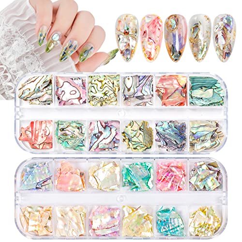24 Grids Seashell Nail Art Nail Flakes, Wsimily Irregular Abalone Seashell Slices for Nails Colorful Abalone Flakes Manicure Mermaid Slices UV Gel Flake Nail Decorations for Nail Art