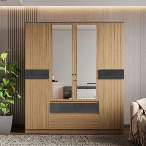Image of Wakefit Elphi 4 Door Wardrobe with Mirror Urban Teak,Grey Foil
