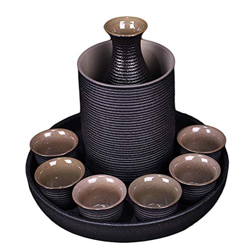 UWYTGF Perfect Japanese Sake 9 Piece Set Include:Hip Flask X1 Warm Wine Jug X1 Wine Glass X6 Wine Plate X1 Sake Cup Sets with Warmer Black Ceramic for Home Dinnerware Sets