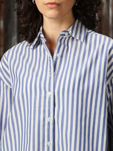 Image of High Star Women Cotton Striped Oversized Fit Collar Full Sleeves Shirts