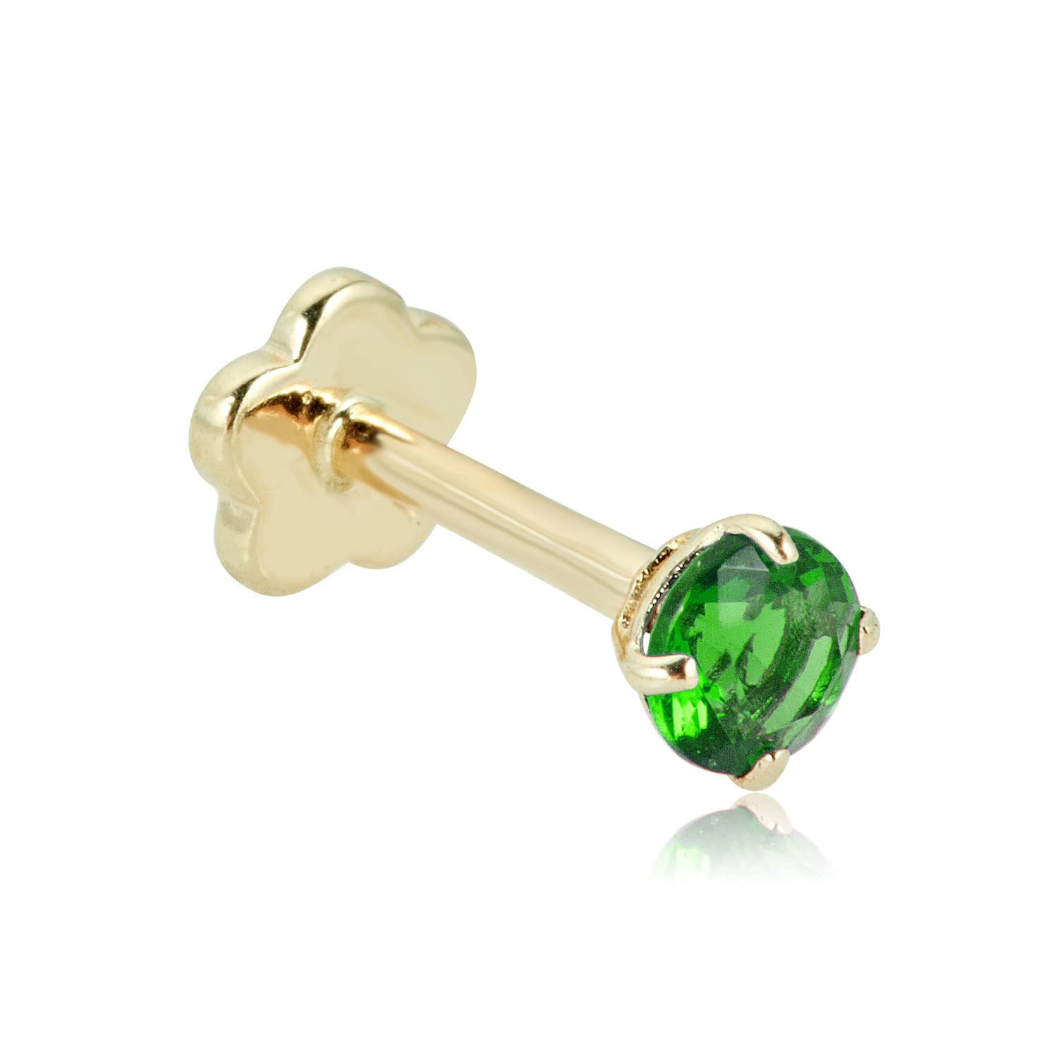 AVORA 14K Yellow/White Gold 3mm Round Simulated Diamond (0.1 carat) Cartilage Piercing Flat Back Earring Body Jewelry (18 Gauge) - Emerald, Ruby, Amethyst, Sapphire, Sim. Diamond