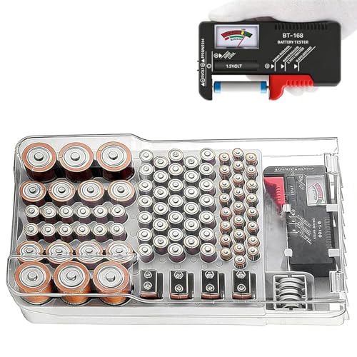 Battery Holder Organizer Storage Box Clear Lid with a Tester for Drawer Holds 93 Batteries - Portable Battery Storage Box -Essential for Every Family (Batteries are Not Included)